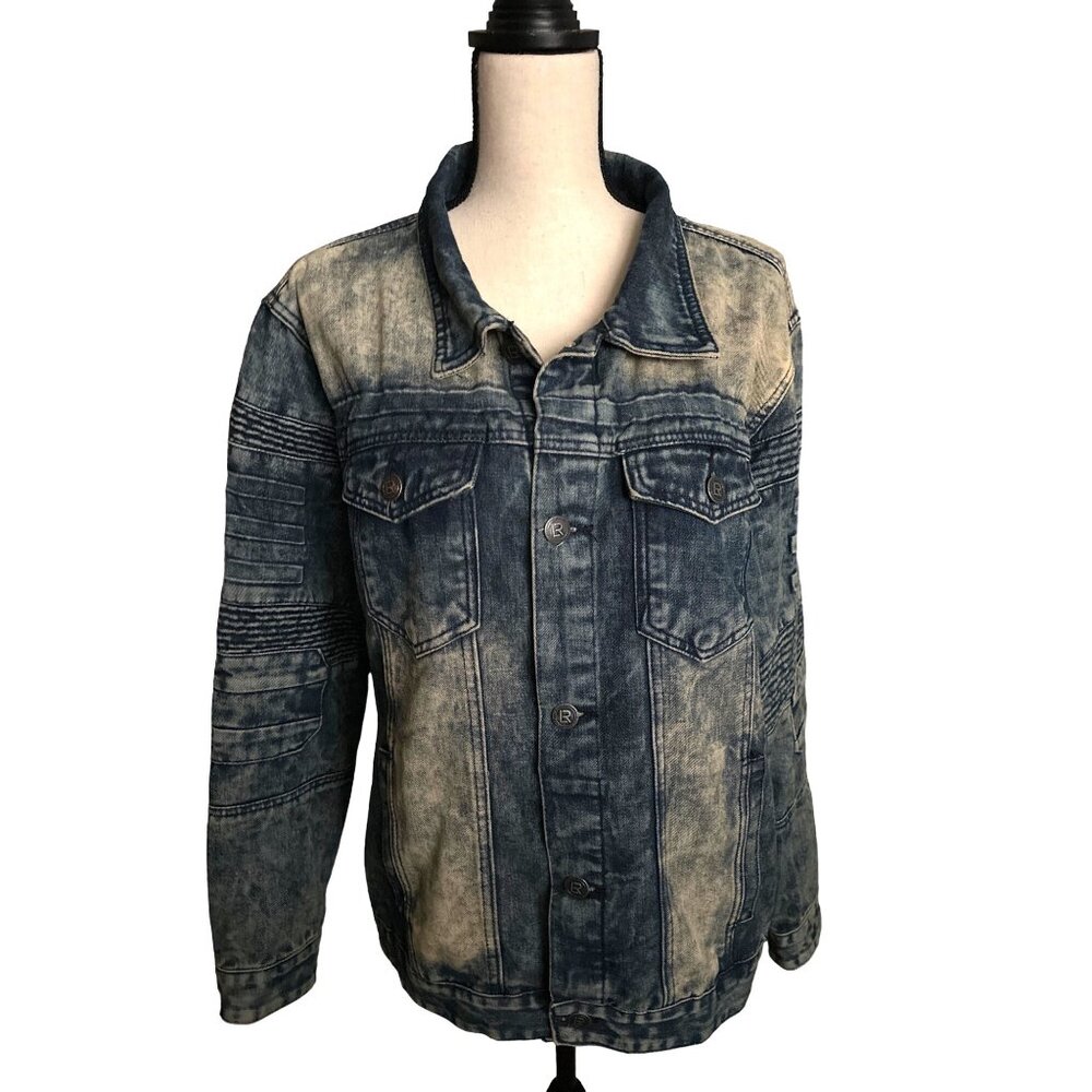 Acid Wash Jean Jacket Viscose Button Up Retro Textured LR Scoop Size Large